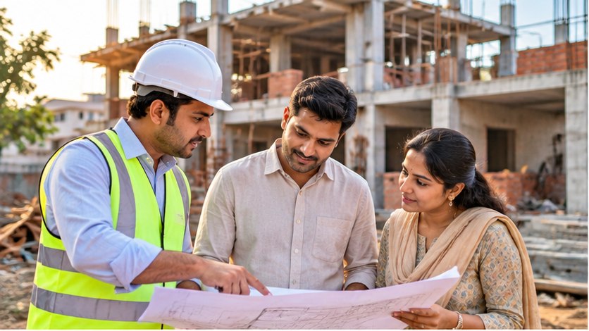Illustrative Indian engineer discussing construction plans with clients