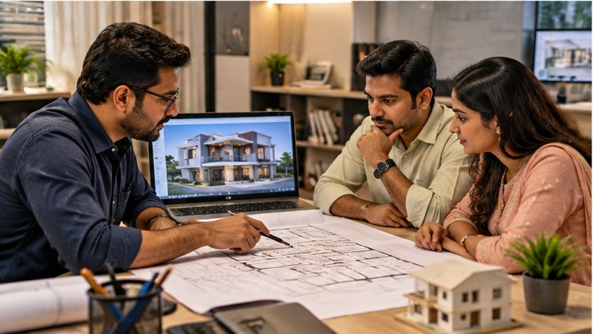 Illustrative Indian architect planning with clients